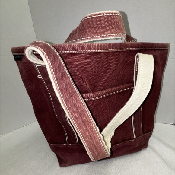 LANDS END Heavyweight Canvas Tote Open Maroon Pockets Inside & Out Key Fob Med - Picture 16 of 16